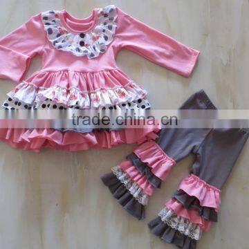 LY-073 fashion valentine baby girl clothing pink dress and grey ruffle pants 2pcs set outfits wholesale