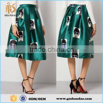 2016 Guangzhou shandao fashion green beauty print flare pleated satin fabrics for skirts