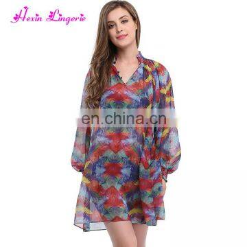 Women Cheap Sexy Printed Red Long Sleeve V-Neck Summer Beach Dress