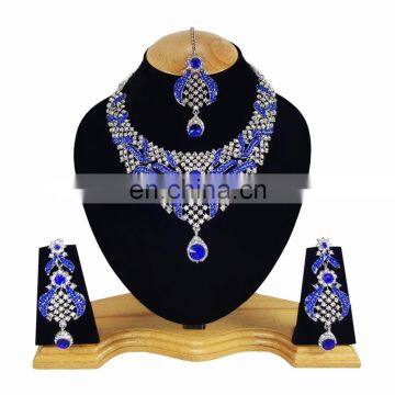 Designer Silver Plated Indian Handmade Party wear Kundan Zerconic Necklace set Blue Color