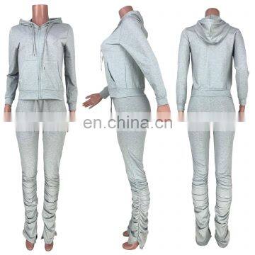 Custom Logo Women Knitted Zip up Hoodie and Stacked 2 Piece Stacked Legging Outfit Sets photo-3