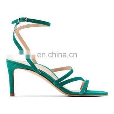 Women green color sexy high heeled ankle strap shoes ladies thin heel for party sandals