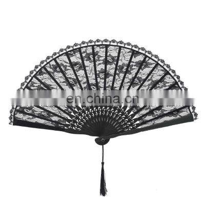 custom logo hand fan lace black wedding decoration folding fan portable personal folding cooling hand fan