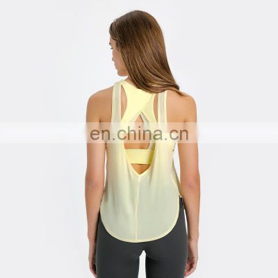 Wholesale Hot Yoga Wear Women Fitness Athletic Sport Built In Bra Two-in-one Yoga Tank Top Quick Dry Sexy Summer Shirts & Tops