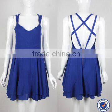 V-neckline and A-line skirt one piece backless blue color dress