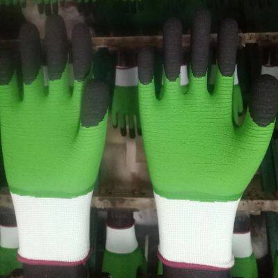 white polyester thread 13 gauge knitted green wave wrinkled latex hand full coated fingers top double coated safety work gloves