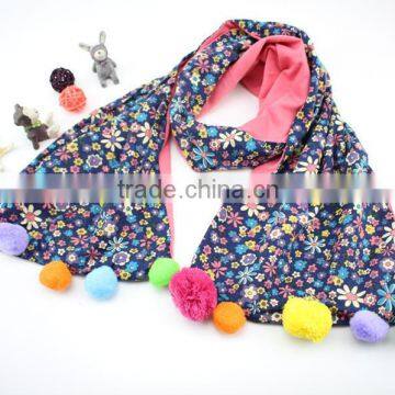 Good Quality Cute Sweet Small Floral Print Colorful Pom Pom Balls Fashion Baby Girls Winter Scarf photo-4