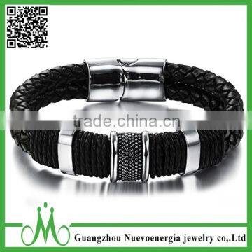 Bulk Sales Genuine Leather Bracelet Double Braided Leather Charm Bracelet Stainless Steel