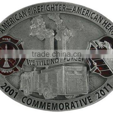 American Firefighter - American Hero Limited Addition Commemorative Twin Towers Pewter & Red Enamel Metal Fridge Magnet