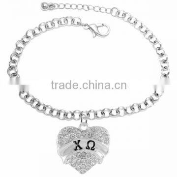 Genuine Austrian Clear Crystal "C O" Greek Sorority Heart Charm Chain Link Bracelet