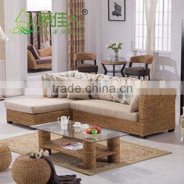 Nice Design Hand Woven Classic Water Hyacinth Seagrass Natural Rattan Wicker Living Room Furniture L Shape Sectional Sofa Set