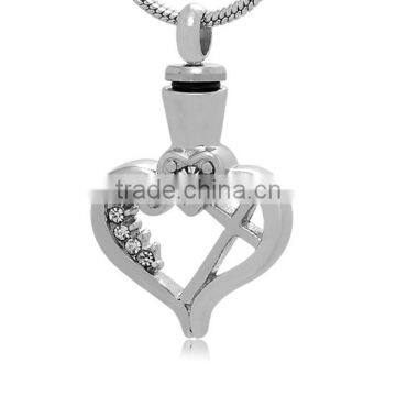 Hollow Heart Stainless Steel Urn Clear Crystal Graceful Jewelry Women's Silver Cremation Keepsake Pendant