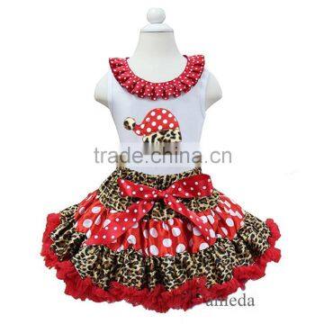 Red Polka Dots Leopard Pettiskirt with Xmas Santa Hat Ruffles Collar White Tank Top