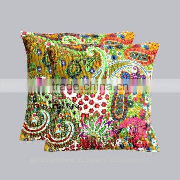 Handmade kantha work Pillow Case Pejli Green Floral Cushion Cover