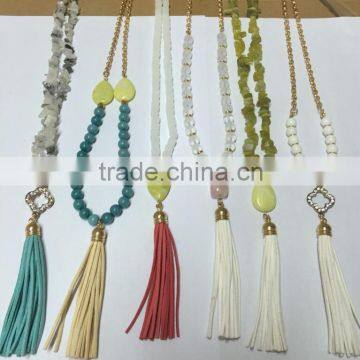 2015 Most Popular Mix Natual Stone Beads Strand Velvet Tassel Necklace