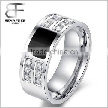 Stainless Steel Classic Wedding Bands Cubic Zirconia Enamel Black Silvery Men's Rings Fashion Band