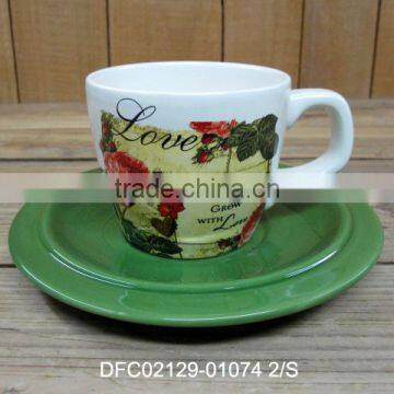 new design love rose decal ceramic cup with green saucer