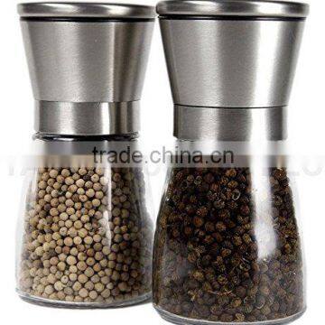 Brushed Stainless Steel Salt & Pepper Mill Set with Glass Bottle - Salt and Pepper Grinder Set with Adjustable Ceramic Grinding