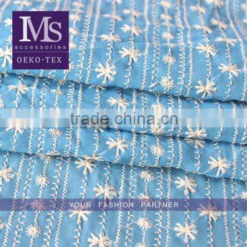 Hot sales sea blue color small Floral embroidery fabric, new design embroidery cotton fabric for garment