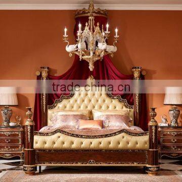 Exquisite Wooden Four Posted King Size Bed, Hand Painting Four-Poster Bed With Night Stand, Wood Carved Bedroom Furniture