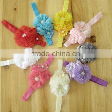 fabric flower with pearl rhinestone in center headband for kids hair accessories