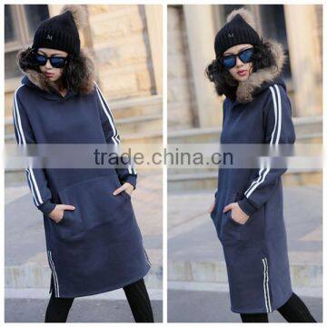 Women fashion long sleeve Korean style navy blue winter hoody dress