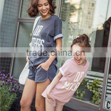 Garment factories hot sale ladies and girl's tshirt and shorts sets