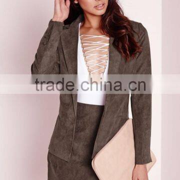 New Arrival Lady Khaki Faux Suede Office Uniform Blazer photo-2