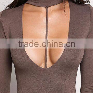 MGOO Fashion Manufacturer Custom Chocker Bodysuits For Women Front T-Strap Long Sleeves Women Tunic photo-3