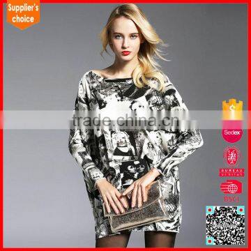 Latest design knitted extra long women full jacquard pullover sweater