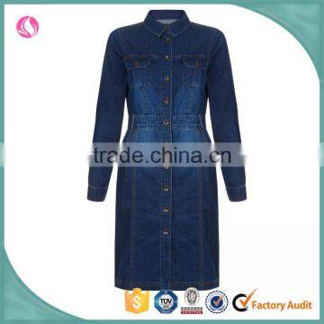 Acid washed women long sleeve formal work dress, girls casual denim dress fashion dress