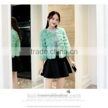 2016 New Women's Fashion Imitation real Rabbit Fur Nine Quarter Sleeve O-neck Wide Strips Short Jacket Coat