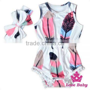 2LLY-098 Lovebaby Wholesale beautiful Leaf sleeveless pom pom romper with headband for easter