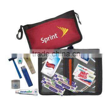 Travel Kit - has a deodorant, floss, soap, razor, shampoo, toothbrush, toothpaste, bandages and comes with your logo