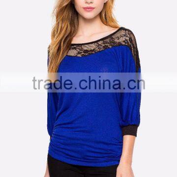 3/4Sleeve Contrast Trims Lacey Yoke Lady Blouses for Women Summer 2015 photo-2