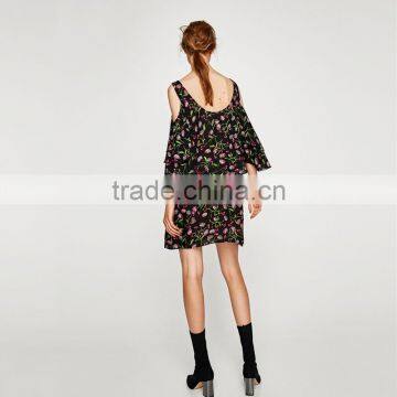 Black Short Sleeve Floral Print Dress, Women Cold Shoulder Summer Dress photo-2