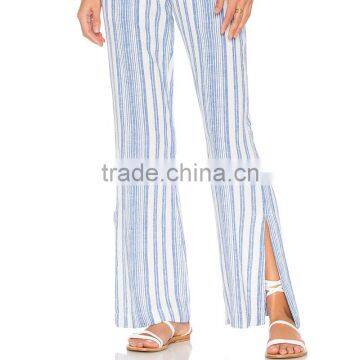 Cotton Blend Striped Drawstring Trousers Ladies Side Slit Lounge Pants photo-4
