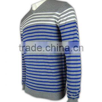 ISO9001/BSCI Manufature Blue V-neck Striped Design Wool Sweater
