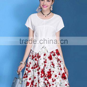 European Style O-neck Top +elastic Waist Two Pieces Printing Knee-length Dress Sets/suits photo-2