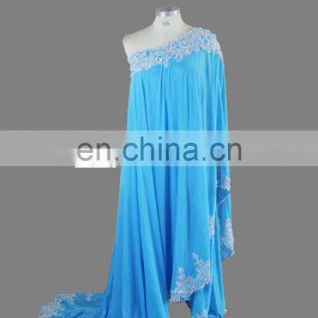 Fashion Blue One Shoulder Lace Hem Pearl Beads 2017 Plus Size Muslim Evening Dress photo-3