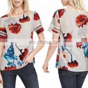 Latest Shirt Designs Female Polyester Custom Print Rounded Hem t Shirt