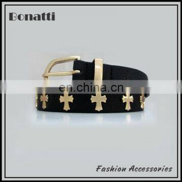 new fashion black embellished belt with crucifix shape golden ornament