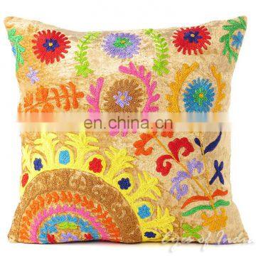 Suzani Embroidered Velvet Decorative Pillow Cushion Cover - 16 X 16"