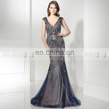 Gorgeous V Neck Cap Sleeve Mermaid Beaded Evening Dress Formal Evening Dresses LX377