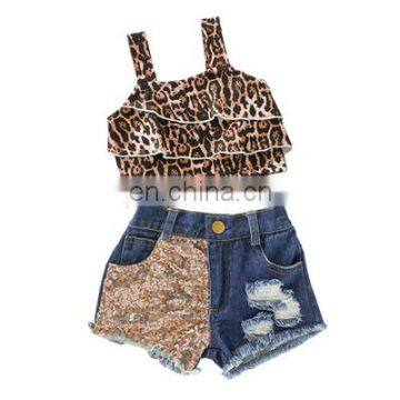 Toddler Newborn Baby Kid Girls Clothes Set infant Summer Leopard Tops + Denim Sequins Shorts Outfits