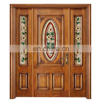 External solid wood door with art glass modern wooden front door for villa