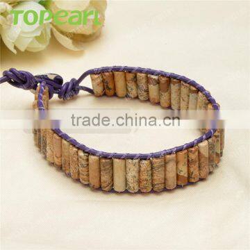 Topearl Jewelry Picture Jasper Fashion Bracelet Woven Leather Wrap Bangle 7.5 Inches CLL124 photo-3