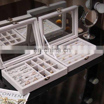 Velvet Glass Ring Earring Jewelry Display Organizer Box Tray Holder Storage Case