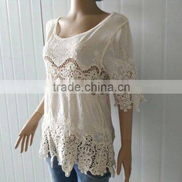 Women Tops Hot Embroidery Cotton Lace Fabric for Half Sleeve Cotton Vest photo-2