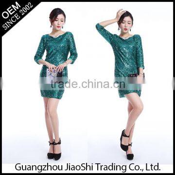 New promotion ladies fashion blue long sleeve party women dress sequin lady dress